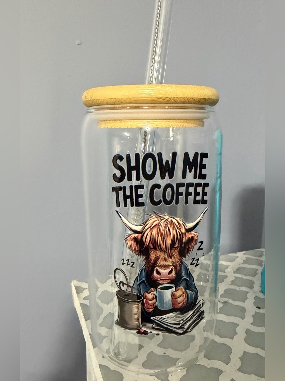 Show Me The Coffee Glass Tumbler with Bamboo Lid
